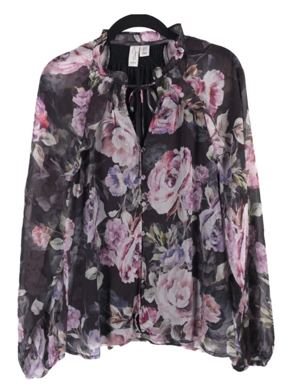 NWT Joie Black/Pink Floral Chiffon Blouse Size Large - Picture 2 of 14